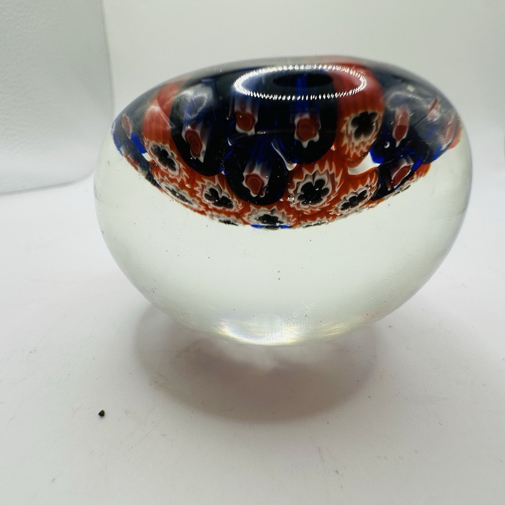 Vintage Millefiori Art Glass Paperweight Blue Red White,Floral Groovy MCM Decor - Picture 11 of 11